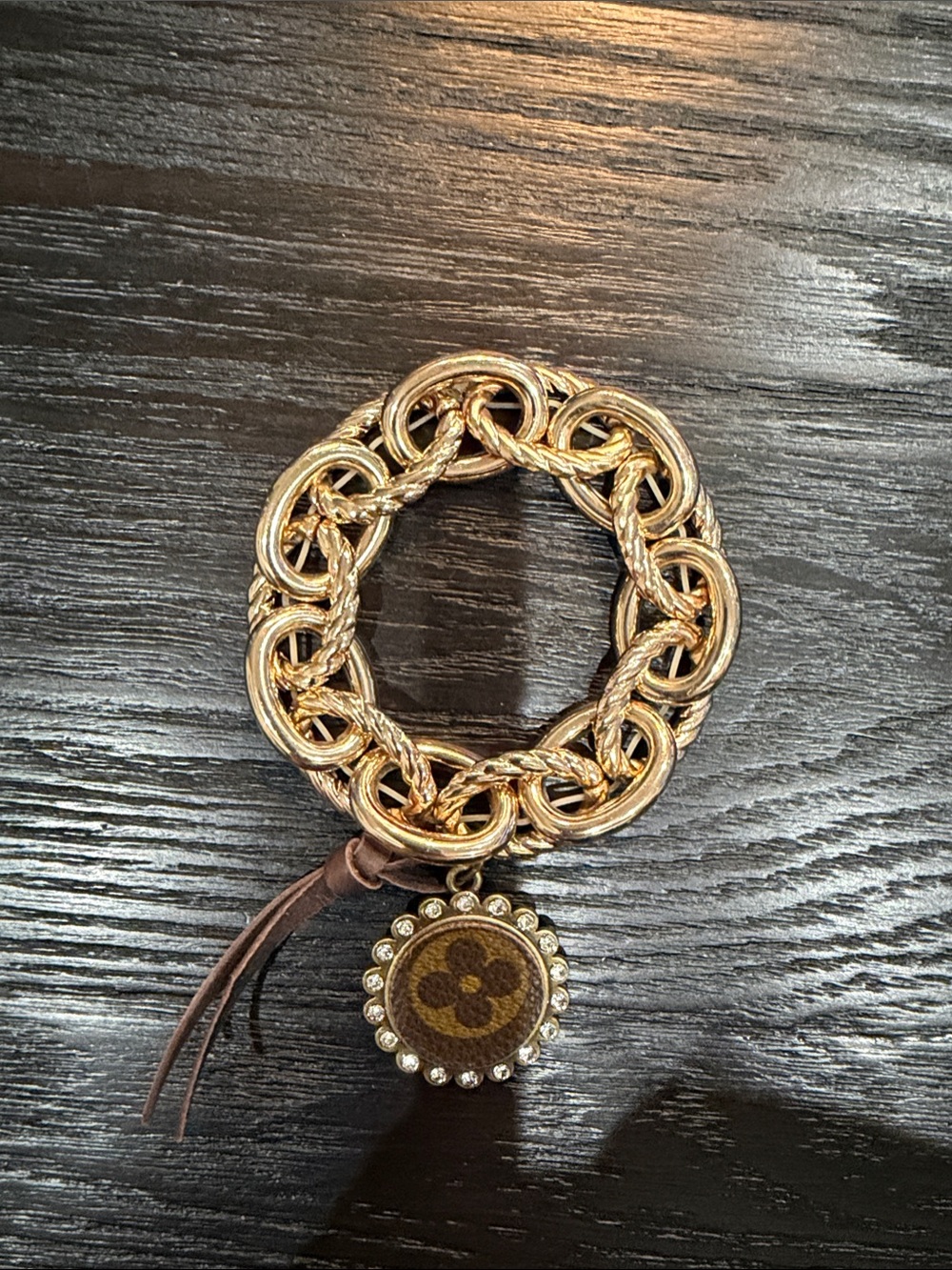 Gold-Tone Chain Link Bracelet with Brown LV up-cycled Charm